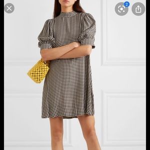 Ganni black and white check puff sleeve dress